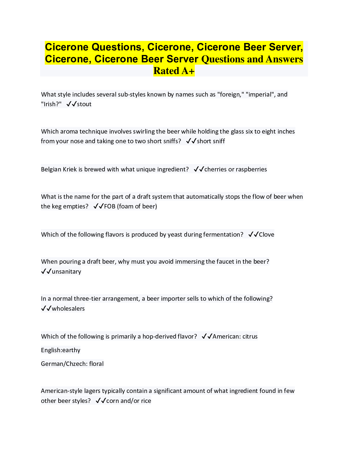 Preview image for Cicerone Questions, Cicerone, Cicerone Beer Server, Cicerone, Cicerone Beer Server Questions and Answers Rated A+